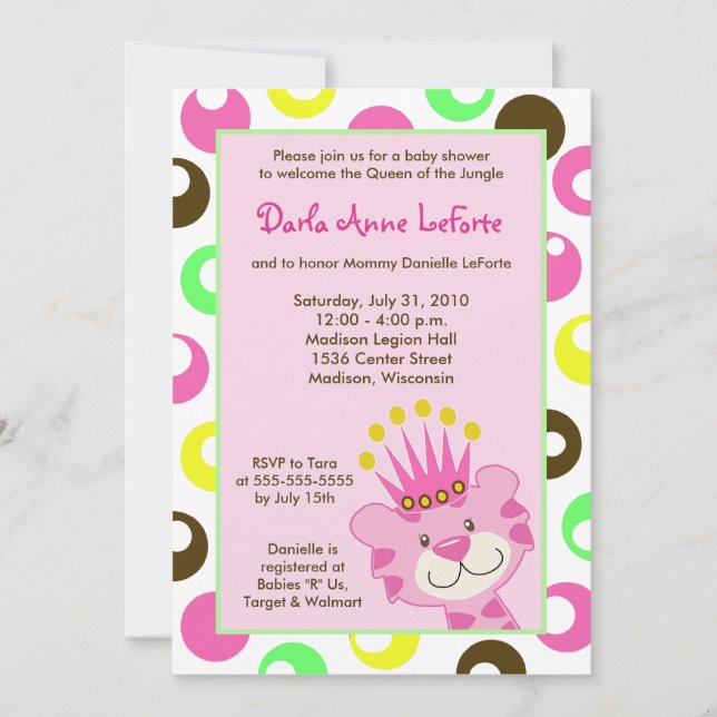 Pink Tiger Queen of the Jungle 5x7 Baby Shower Invitation (Front)