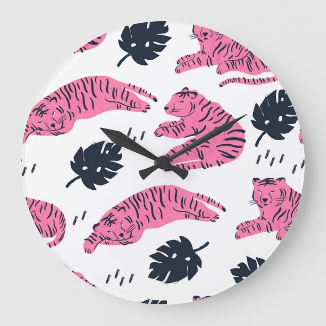 Pink Tiger Tropical: Vintage Hand-Drawn. Large Clock (Front)
