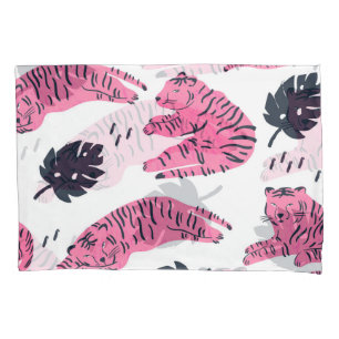 Pink Tiger Tropical: Vintage Hand-Drawn. Pillowcase