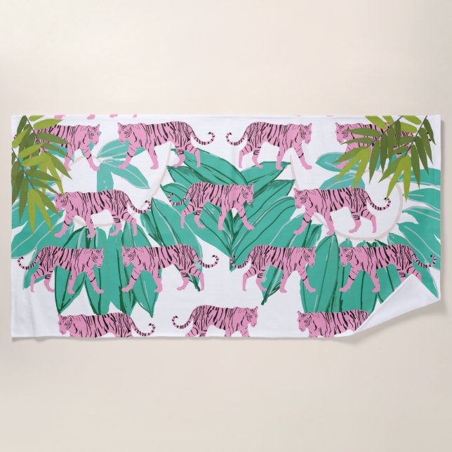 Pink Tigers Pattern Beach Towel (Front)