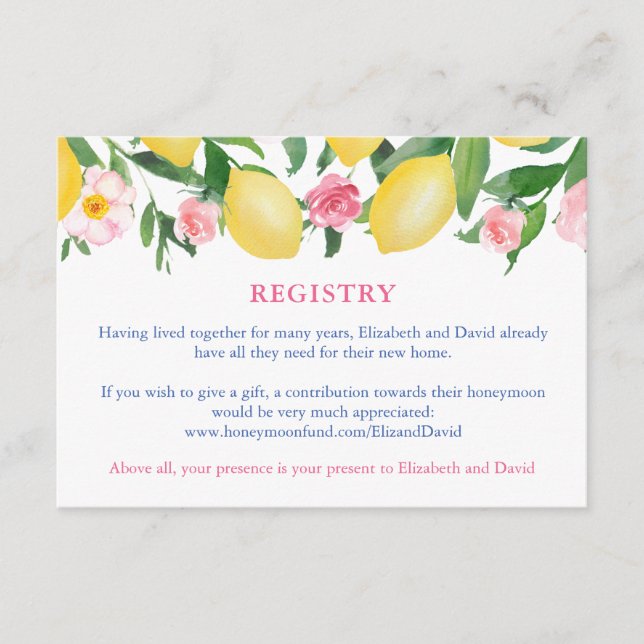 Pink Tile Italian Lemons Baby Girl Shower Registry Enclosure Card (Front)