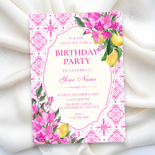 Pink tile pattern floral art birthday invitation
