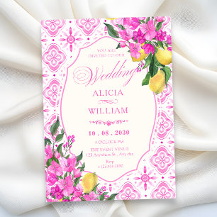 Pink tile pattern floral art wedding invitation