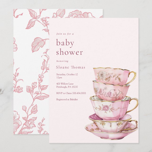 Pink Time for Tea Baby Shower  Invitation (Front/Back)
