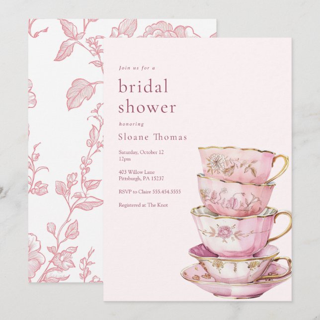 Pink Time for Tea Bridal Shower  Invitation (Devant / Derrière)