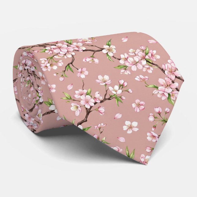 Pink Tiny White Floral Pattern Necktie for Men (Rolled)