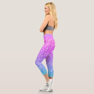 Pink to blue faux glitter ombre texture capri leggings