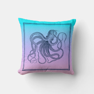 Pink to blue ombre vintage octopus illustration throw pillow