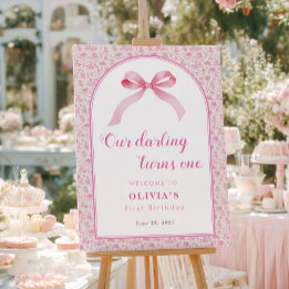 Pink Toile Coquette Bow 1st Birthday Girl