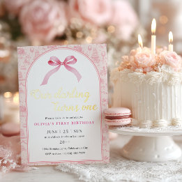 Pink Toile Coquette Bow 1st Birthday Girl 