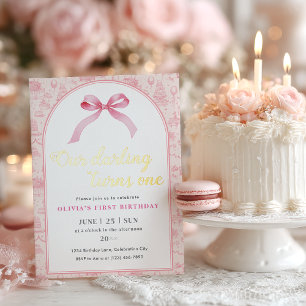 Pink Toile Coquette Bow 1st Birthday Girl 