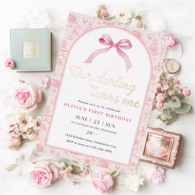 Pink Toile Coquette Bow 1st Birthday Girl  (Creator Uploaded)
