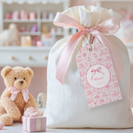 Pink Toile Coquette Bow 1st Birthday Girl Gift Tags