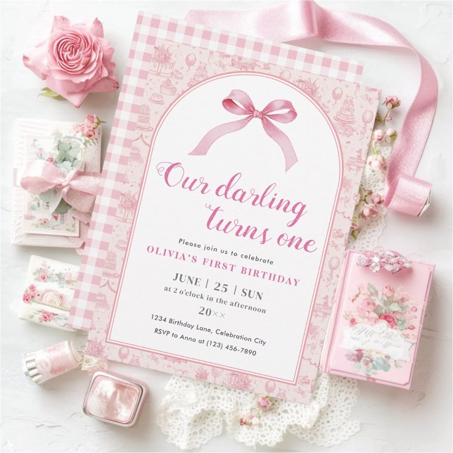 Pink Toile Coquette Bow 1st Birthday Girl Invitation (Creator Uploaded)