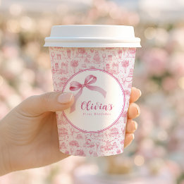 Pink Toile Coquette Bow 1st Birthday Girl Paper Cups