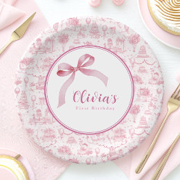Pink Toile Coquette Bow 1st Birthday Girl Paper Plate
