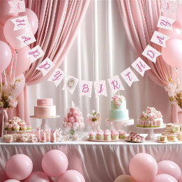Pink Toile Coquette Bow Birthday Girl Bunting Flags