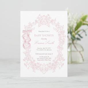 Pink Toile Coquette Bow Vintage Floral Baby Shower Invitation
