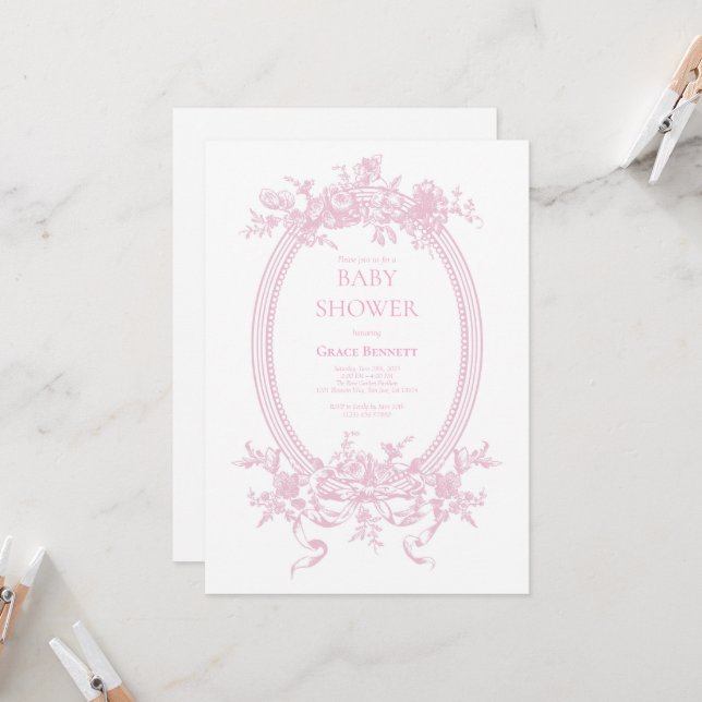 Pink Toile de Jouy Baby Shower Invitation (Front/Back In Situ)