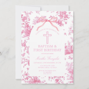 Pink Toile de Jouy Baptism & First Birthday Bow  Invitation
