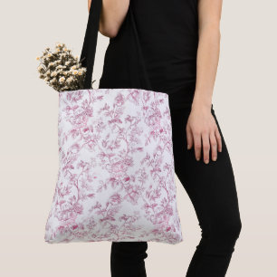 Pink Toile De Jouy Floral Pattern Tote Bag