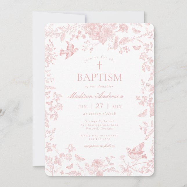 Pink Toile De Jouy French Floral Baptism Invitation (Front)