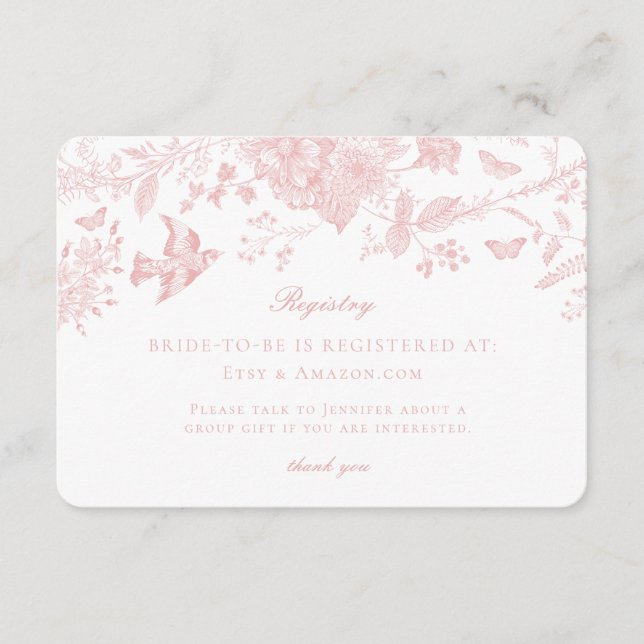 Pink Toile Jouy Registry Card Invitation Insert (Front)