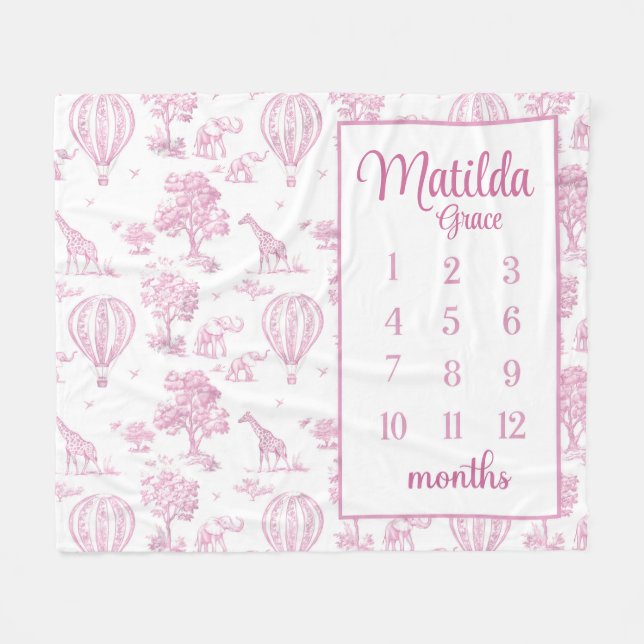 PINK TOILE SAFARI Milestone Blanket, Baby Girl Saf Fleece Blanket (Front (Horizontal))