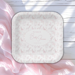 Pink Toile Safari Vintage Baby Shower Paper Plate