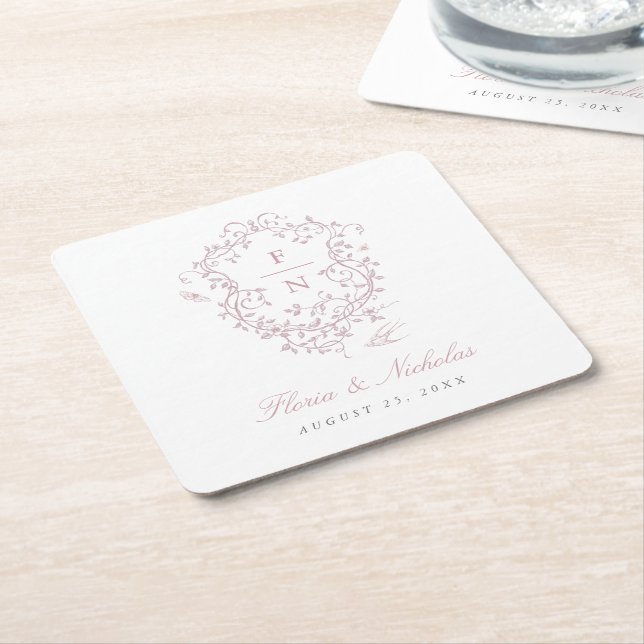 Pink Toile Wedding Paper Coasters Chinoiserie Chic (Angled)