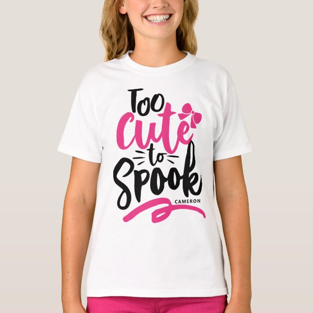 Pink Too Cute To Spook Lettering Halloween T-Shirt (Front)