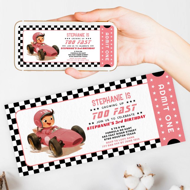 Pink Too Fast Racing Car Ticket Birthday Invitation (Creator Uploaded)