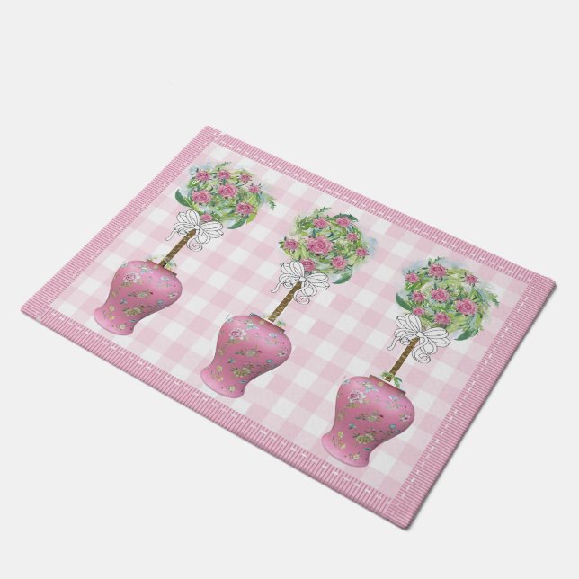 Pink Topiary  Rose Ginger Jar Doormat Rug (Angled)