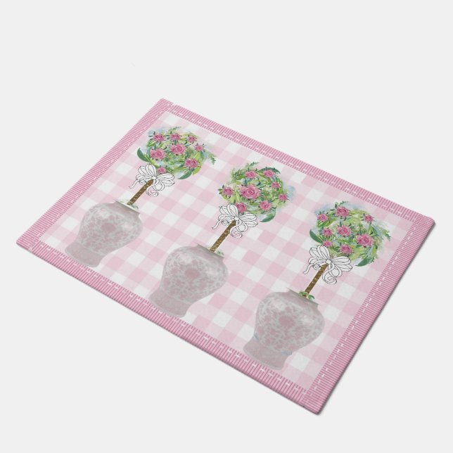 Pink Topiary  Rose Ginger Jar Doormat Rug (Angled)