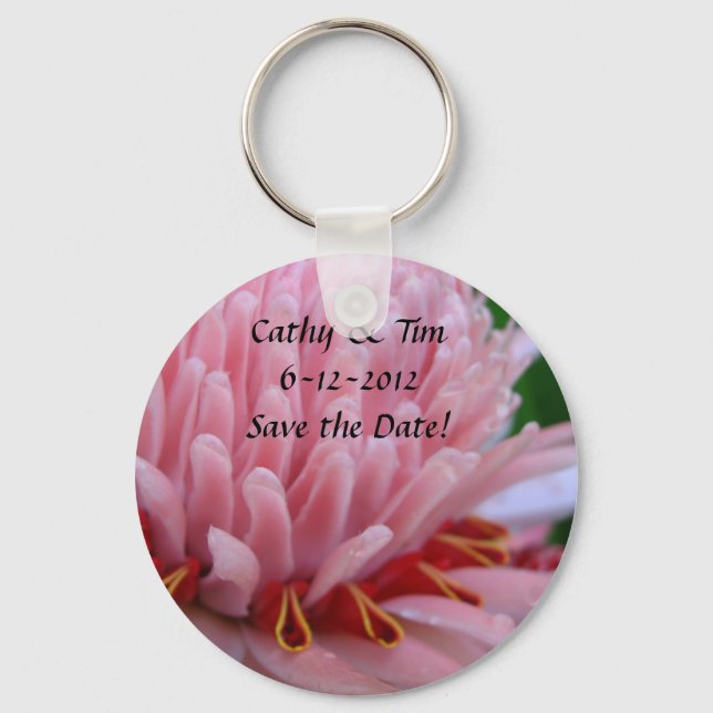 Pink Torch Ginger Wedding Save the Date Keychains (Front)
