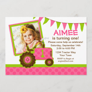 Pink Tractor 1st Birthday Photo Invitation