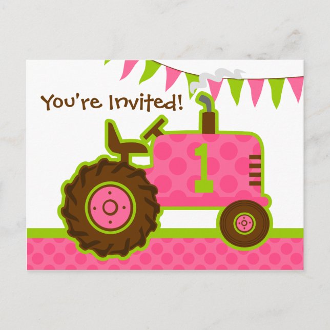 Pink Tractor 1st Birthday Postcard Invitation (Front)