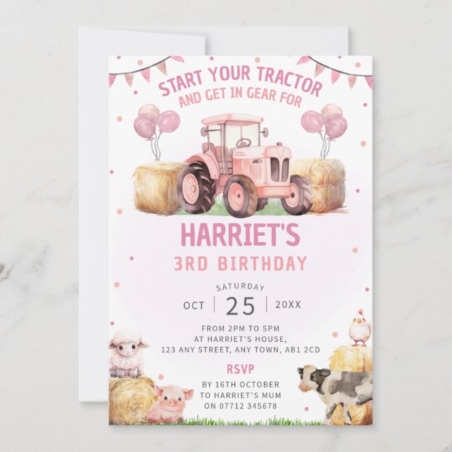Pink Tractor Anniversaire Fête Invitation Thème de (Devant)