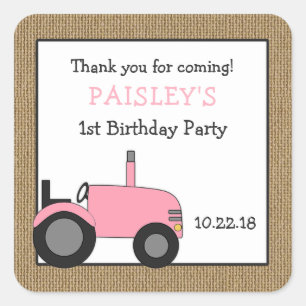 Pink tractor birthday party favour sticker