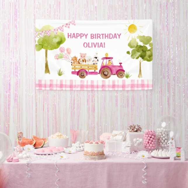 Pink tractor farm animals birthday party banner (Party)