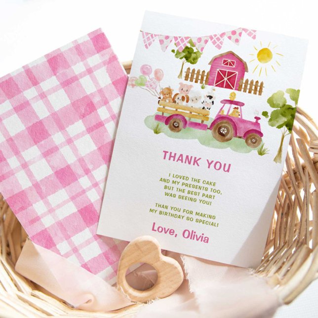 Pink tractor farm animals birthday thank you card (Creator Uploaded)