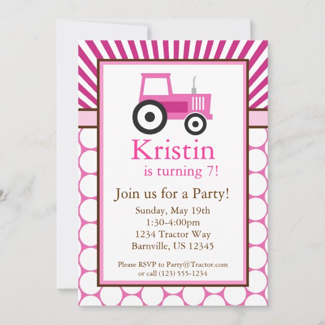 Pink Tractor Farm Birthday Party Invite (Front)