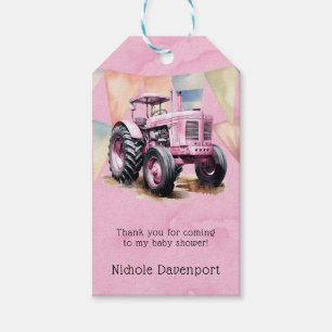 Pink Tractor Flag Girl Baby Shower Thank You Gift Tags