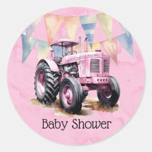 Pink Tractor Flag Watercolor Girl Baby Shower Classic Round Sticker