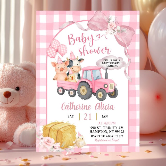 Pink Tractor Gingham Coquette Farm Baby Shower Invitation (Creator Uploaded)