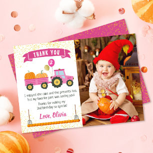 Pink Tractor Pumpkin Autumn Birthday Photo Thank You Card