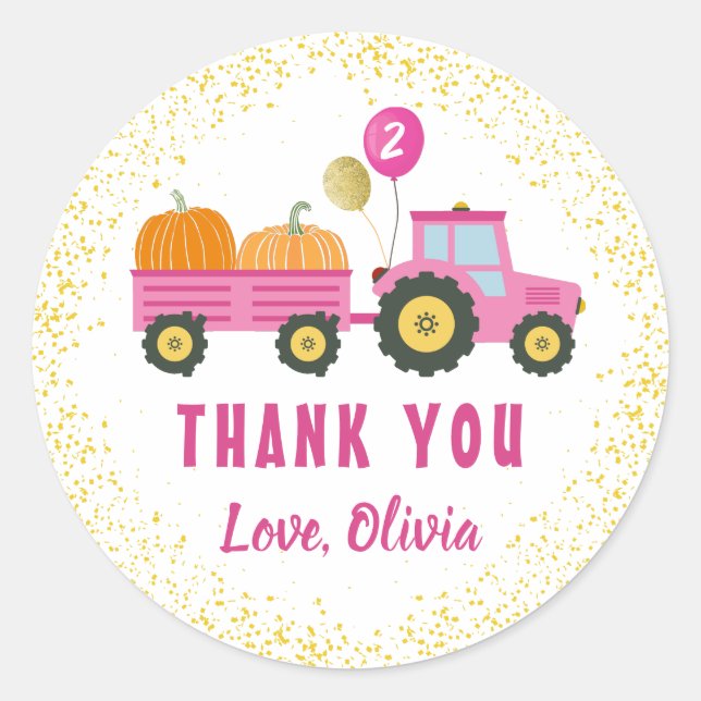 Pink Tractor Pumpkin Autumn Birthday Thank You Classic Round Sticker (Front)