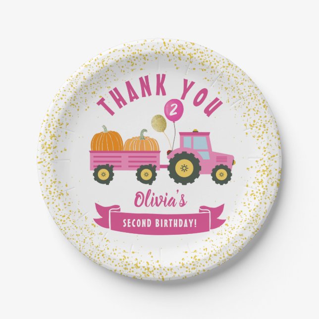 Pink Tractor Pumpkin Autumn Birthday Thank You Paper Plate (Front)