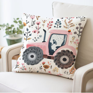 Pink Tractor with Floral Pattern, Farmhouse Style Throw Pillow