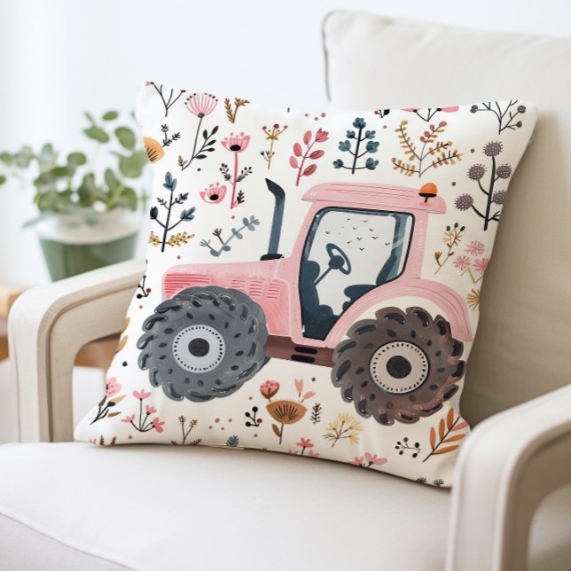 Pink Tractor with Floral Pattern, Farmhouse Style Throw Pillow (Creator Uploaded)